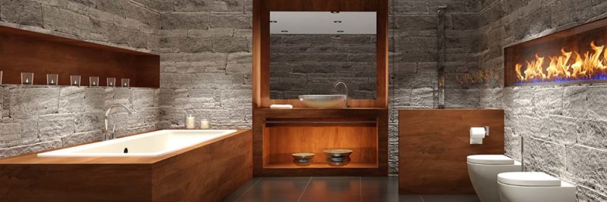 Modernes Badezimmer mit Holz und Stein